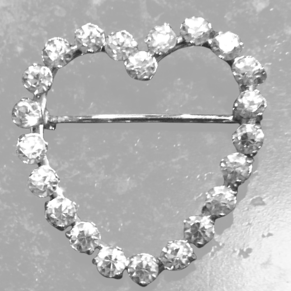 Vintage Krementz Rhinestone Heart Brooch Pin, Silver Tone